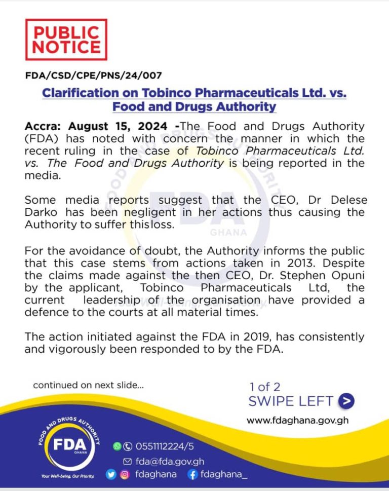 FDA Vows To Appeal GH¢93.9m Judgment Debt To Tobinco Pharmaceuticals