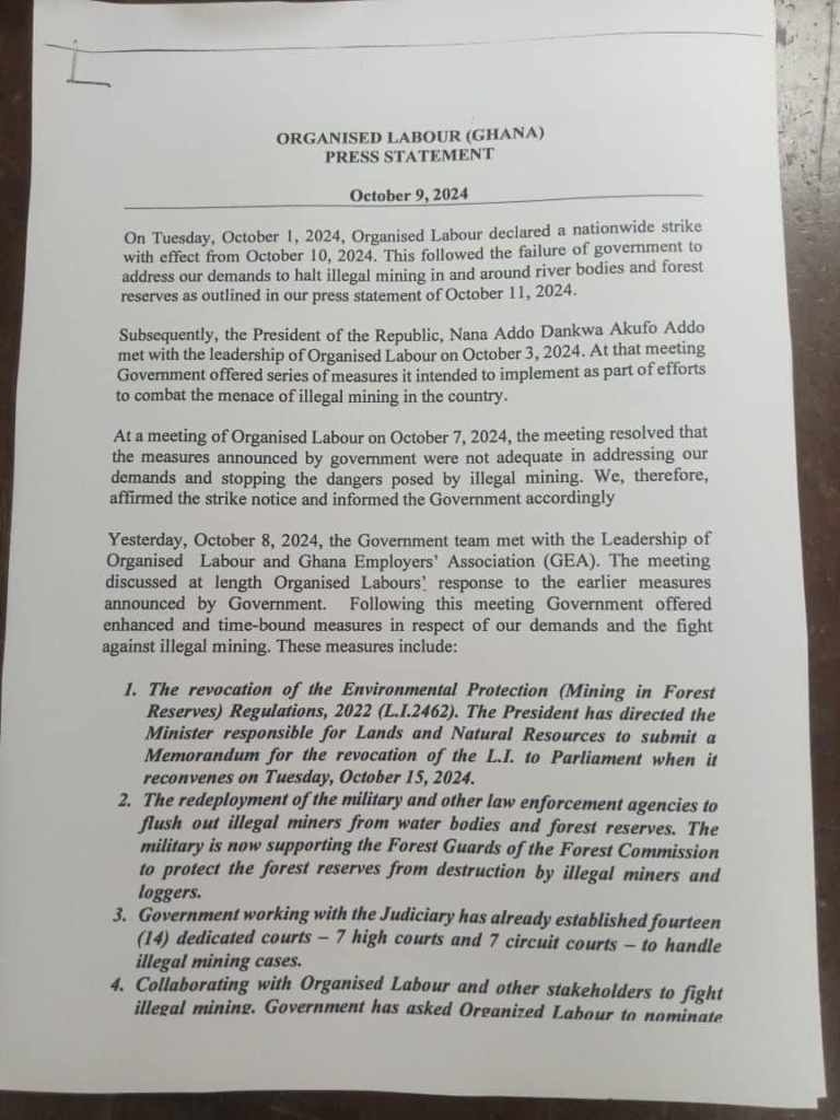 Organised Labour Suspends Nationwide Strike