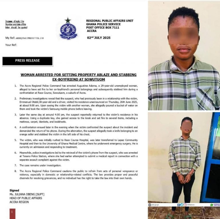 Woman Arrested For Arson And Stabbing Ex-boyfriend At Sowutuom